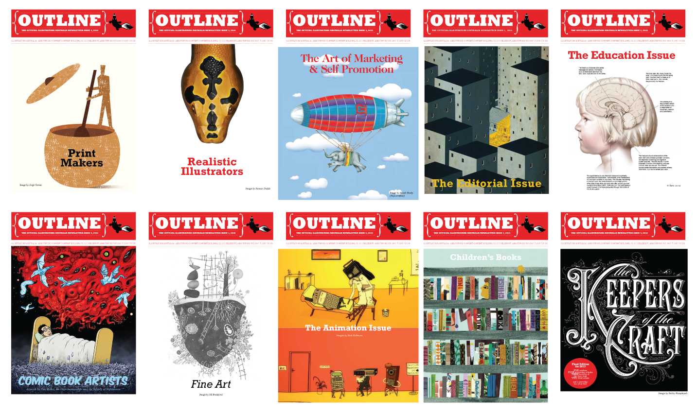 Collage of magazine covers from Outline magazine, featuring illustrations and themes related to art, marketing, education, and children's books.